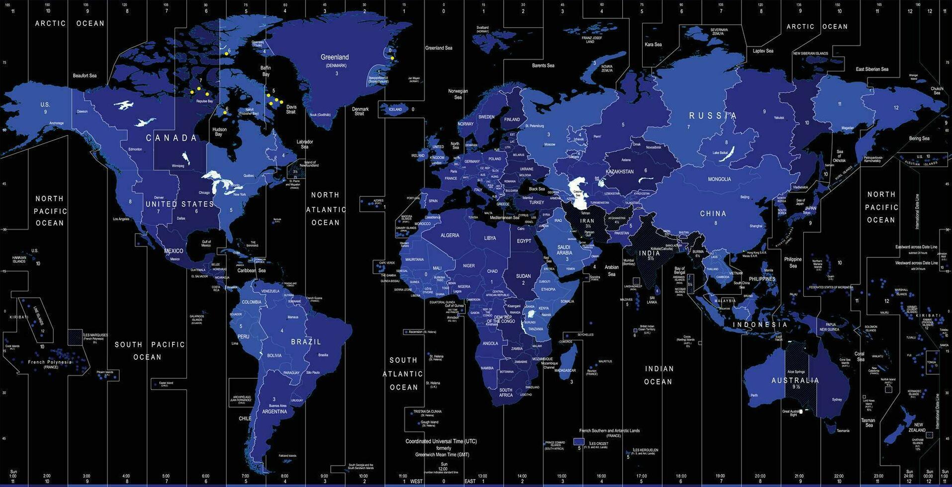 weltweite karte der lokalen zeitzonenillustration mit schwarzem hintergrund. vektor