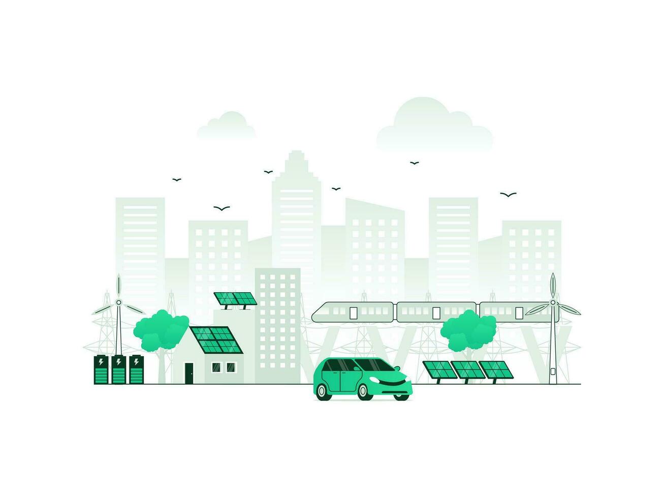 hållbar stad kraft med grön infrastruktur planera. alternativ elektricitet från co2-fri vind turbiner. vektor illustration av ekologisk urban organisation med minimalistisk Färg.