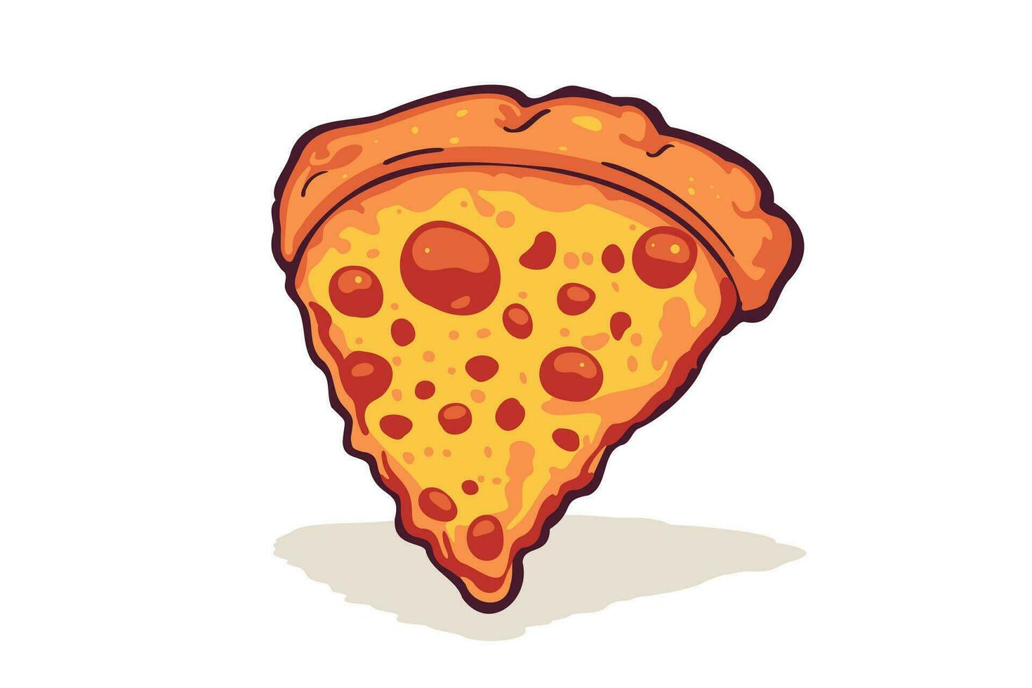 Pizza Scheibe mit geschmolzen Käse und Peperoni. Vektor Karikatur Aufkleber im Comic Stil mit Kontur. Design Element Essen zum Gruß Karte, Poster, drucken zum Kleidung, Emblem.