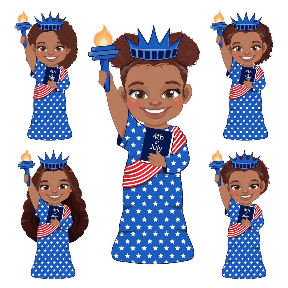 uppsättning av amerikan afrikansk flickor porträtt fira 4:e av juli oberoende dag med kostym, staty av frihet, platt ikon stil vektor