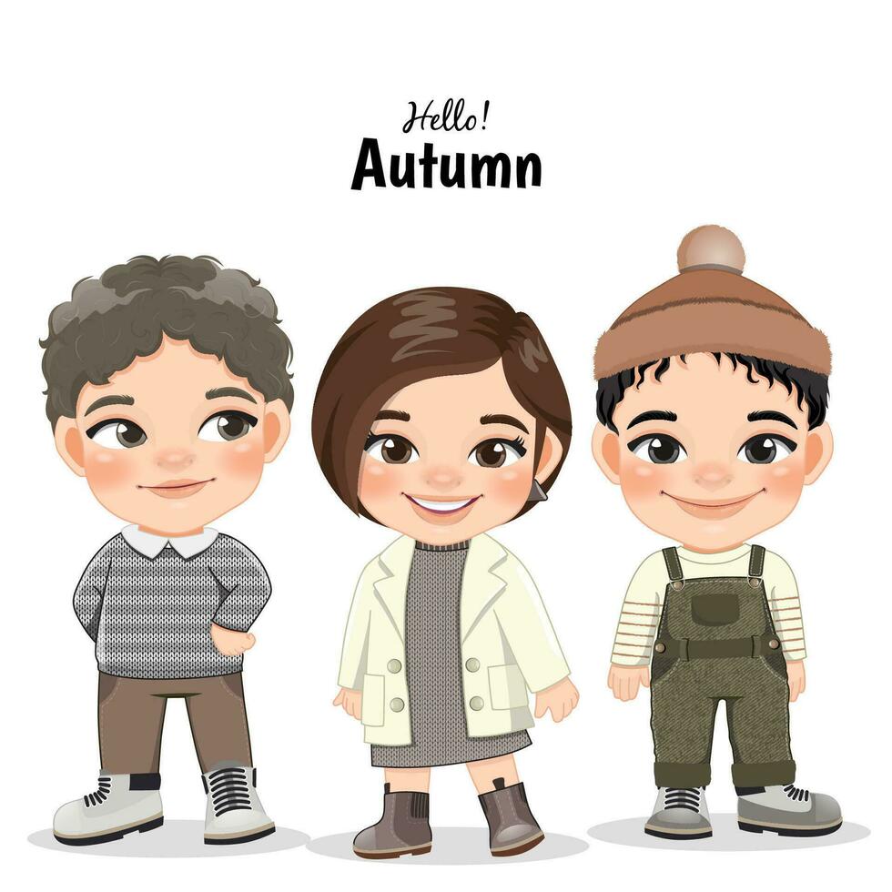 vielfältig Kinder im Herbst Jahreszeit Outfits. Herbst Mädchen und Junge Karikatur Figuren. Vektor Illustration