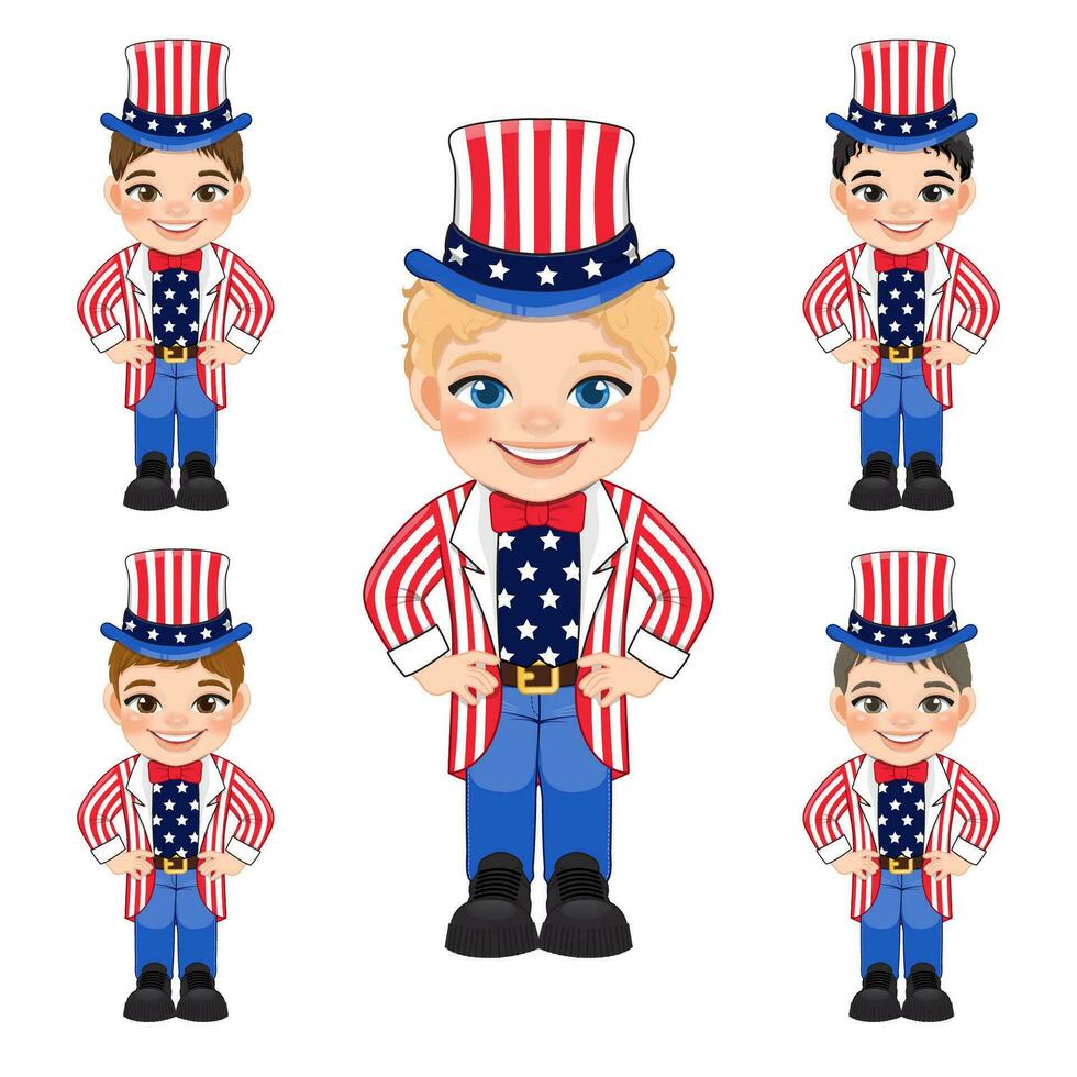 uppsättning av amerikan Pojkar porträtt fira 4:e av juli oberoende dag med kostym, bär farbror sam hatt, platt ikon stil vektor