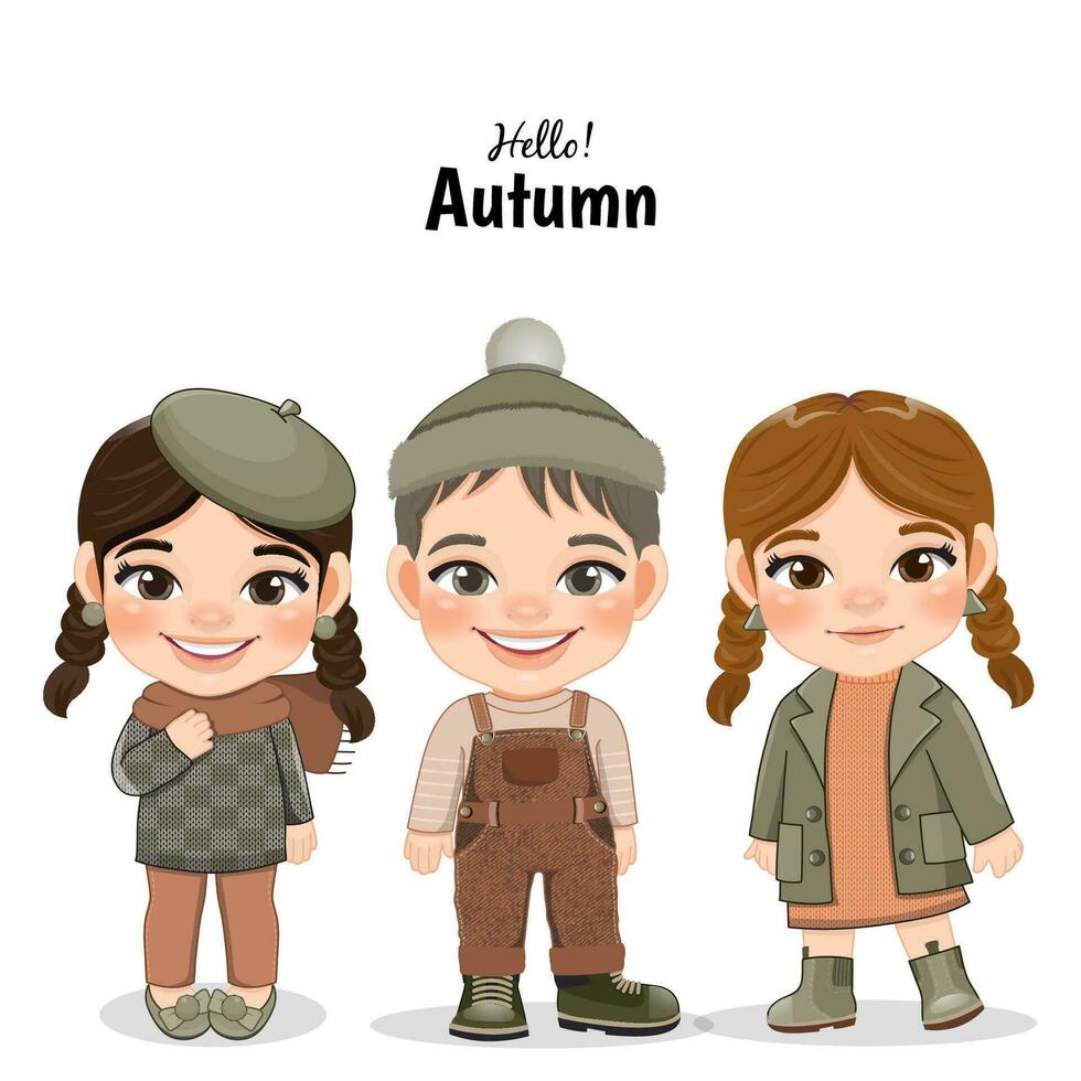 vielfältig Kinder im Herbst Jahreszeit Outfits. Herbst Mädchen und Junge Karikatur Figuren. Vektor Illustration