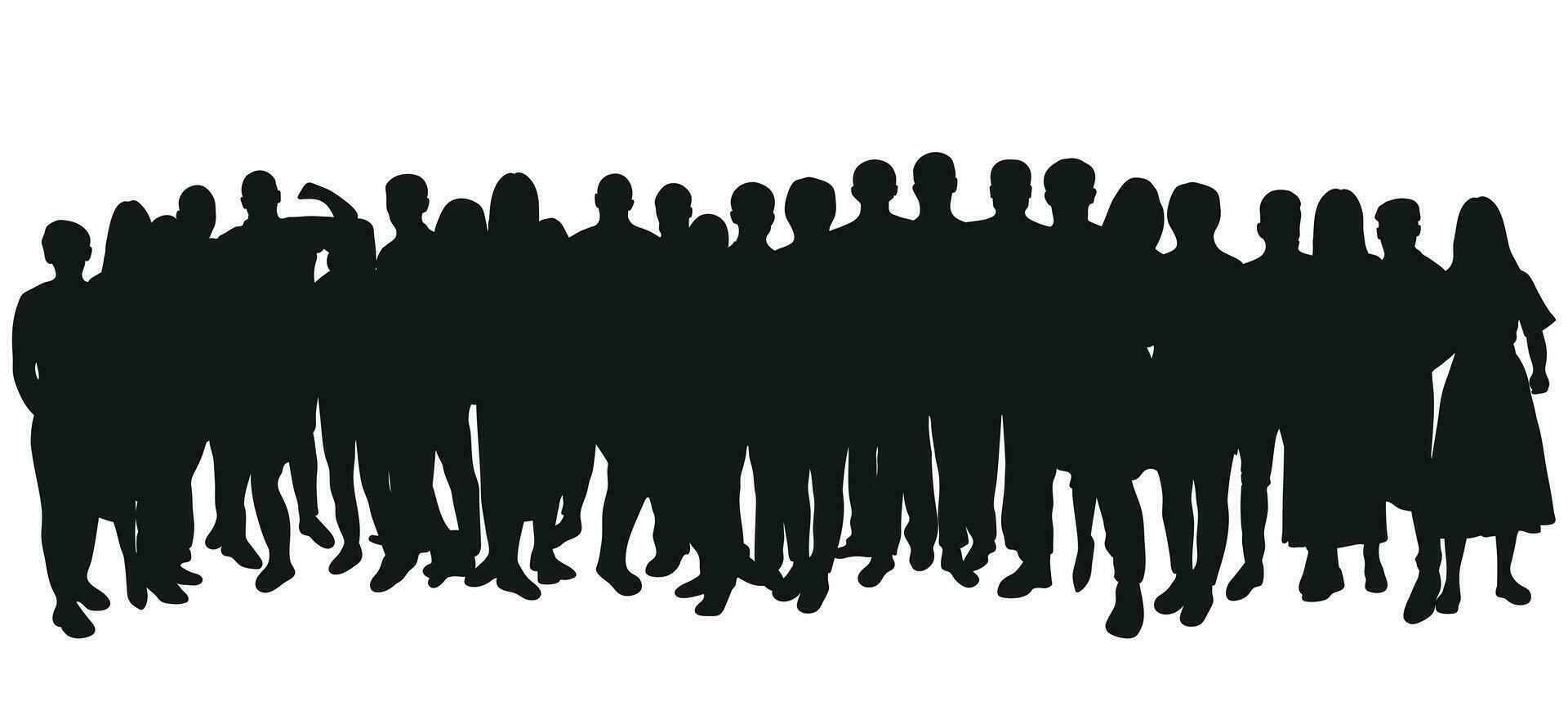 Bild skizzieren Gliederung von das Silhouette von das Menge, Gruppe von Personen. Jugend, Studenten, Geschäft, Arbeitskräfte, Publikum, Warteschlange, Migration, Flüchtling vektor
