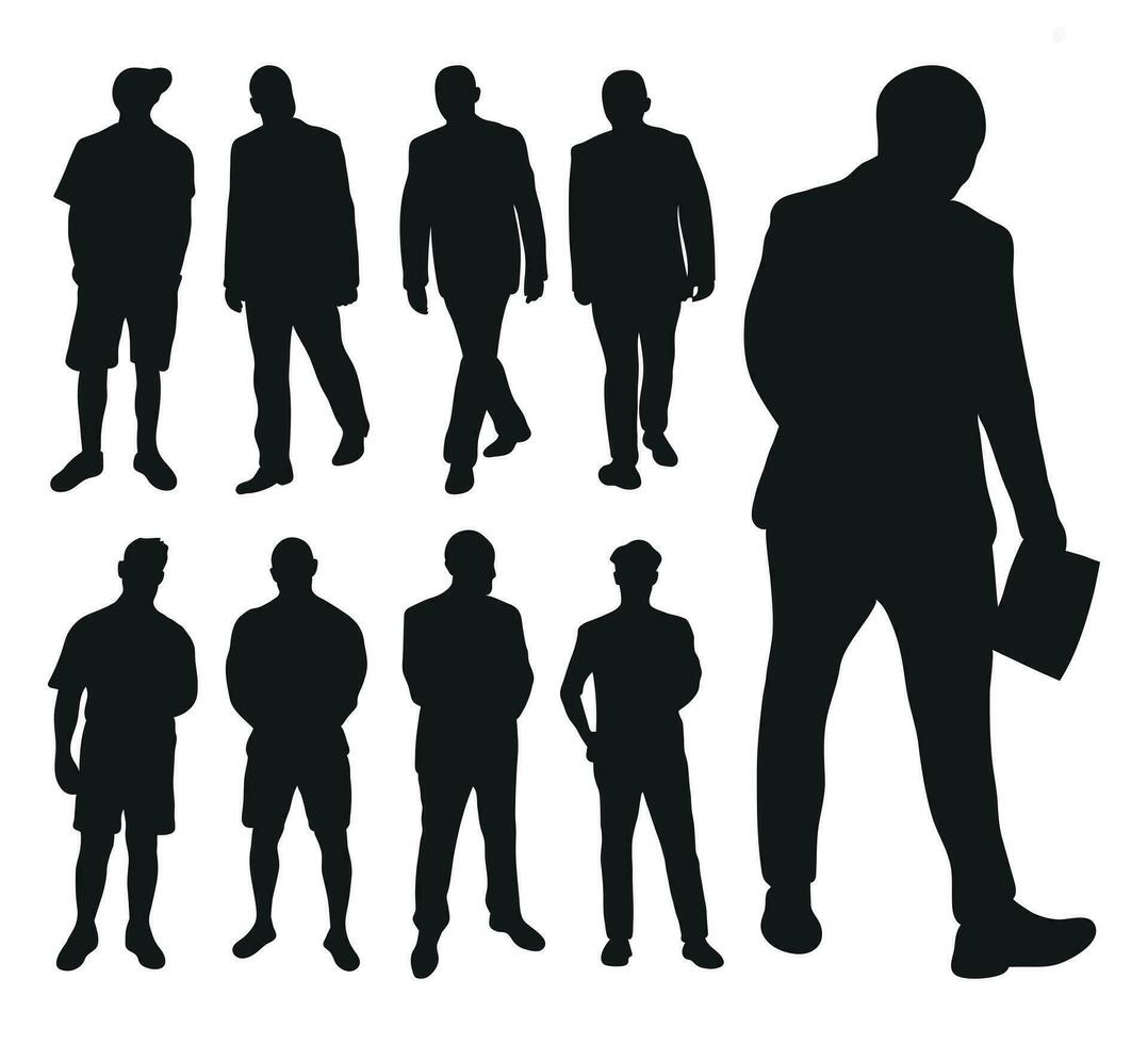 Bild männlich Silhouetten. Menschen, menschlich, Person, Mann, Männer, Kerl, Junge, Kerl, Bürschchen, Junge. Geschäftsleute, Arbeitskräfte, Freunde, Studenten, Demonstranten, Professor, Publikum vektor