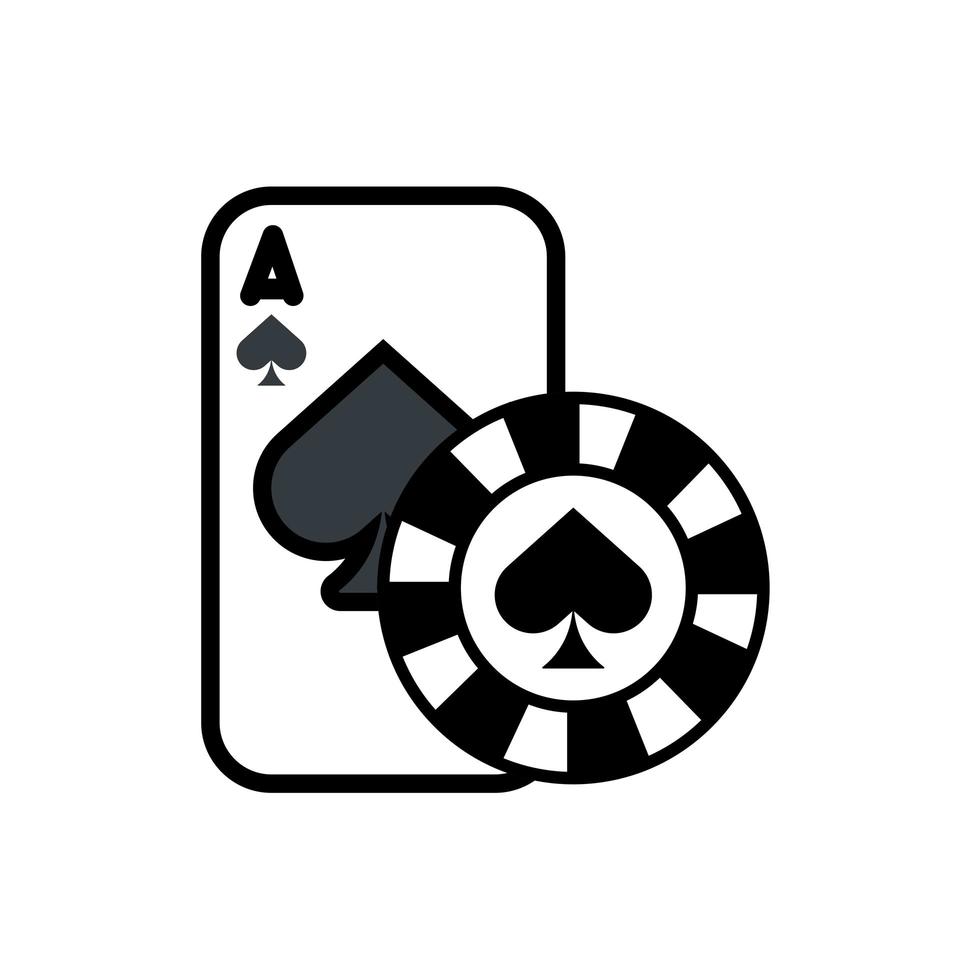 Casino-Pokerkarte und Chip mit isoliertem Spatensymbol vektor