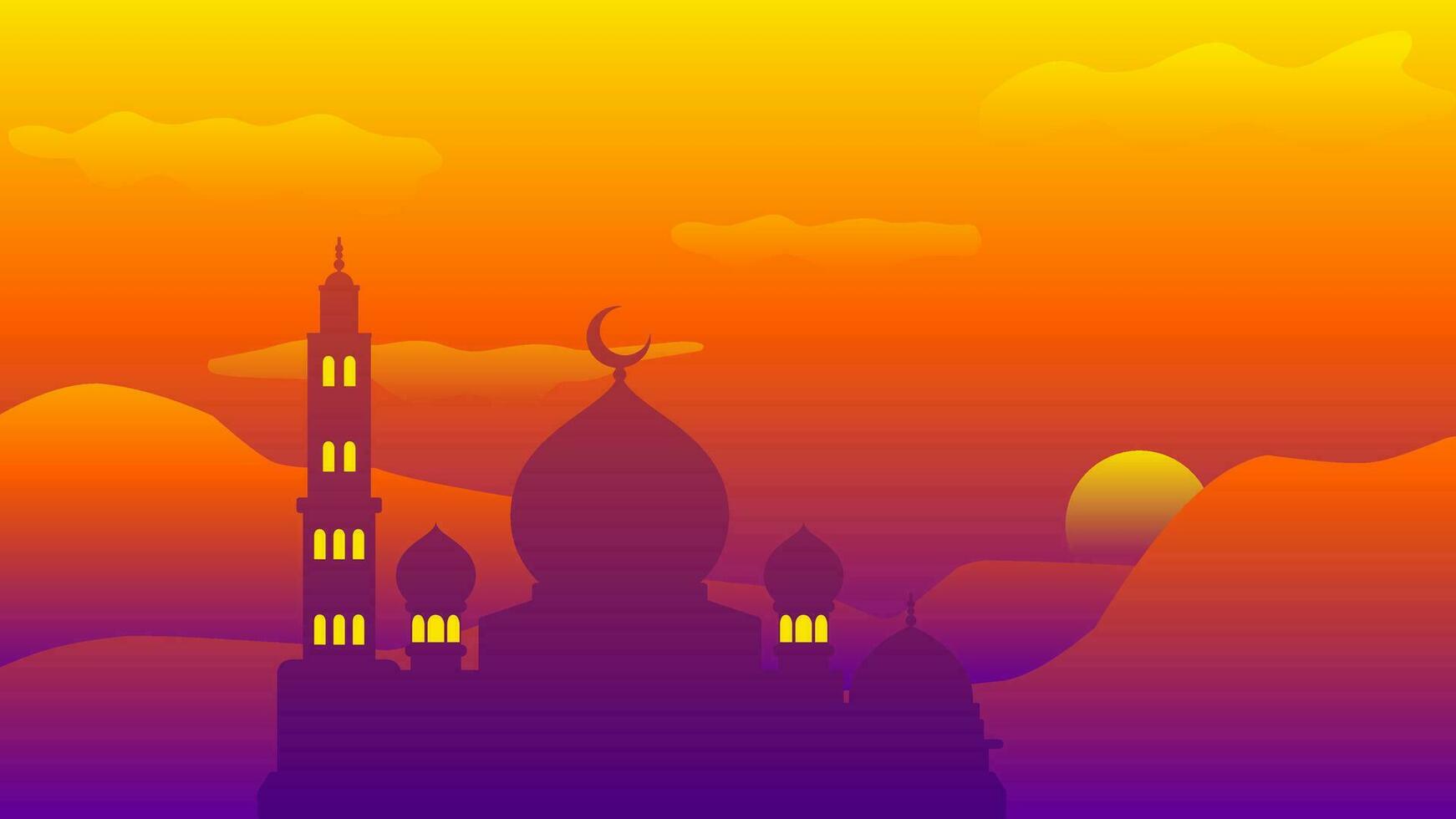 islamic landskap vektor illustration. moské landskap med berg kulle och skinande himmel. bakgrund landskap för islam religion och muslim tro. tapet av design berg med moské silhuett