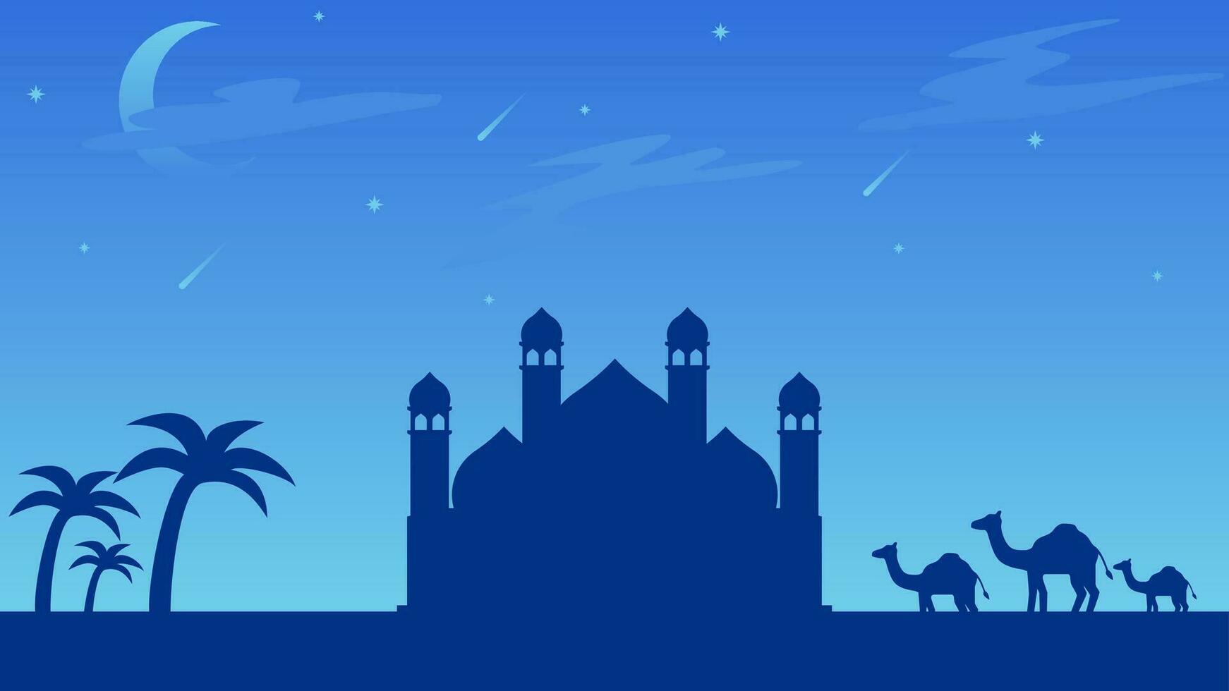 islamisch Landschaft Vektor Illustration. Moschee Landschaft mit Berg Hügel und glänzend Himmel. Hintergrund Landschaft zum Islam Religion und Muslim Glaube. Hintergrund von Design Berg mit Moschee Silhouette