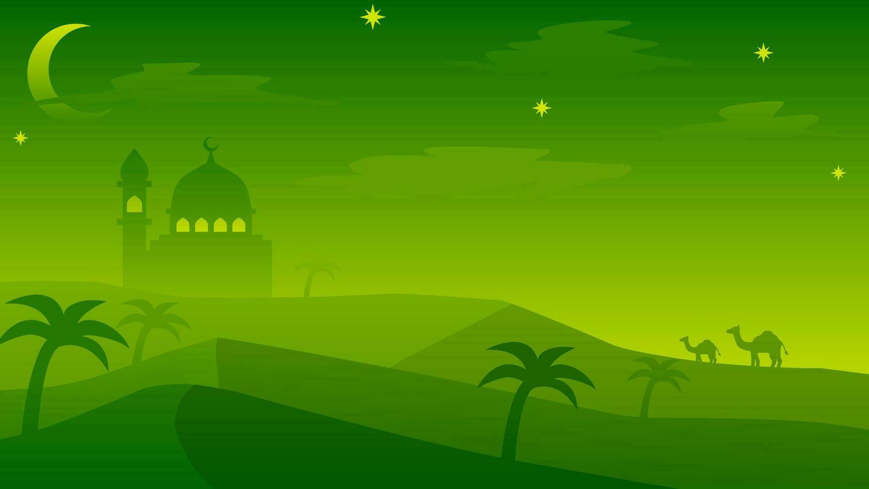 islamic landskap vektor illustration. moské landskap med berg kulle och skinande himmel. bakgrund landskap för islam religion och muslim tro. tapet av design berg med moské silhuett