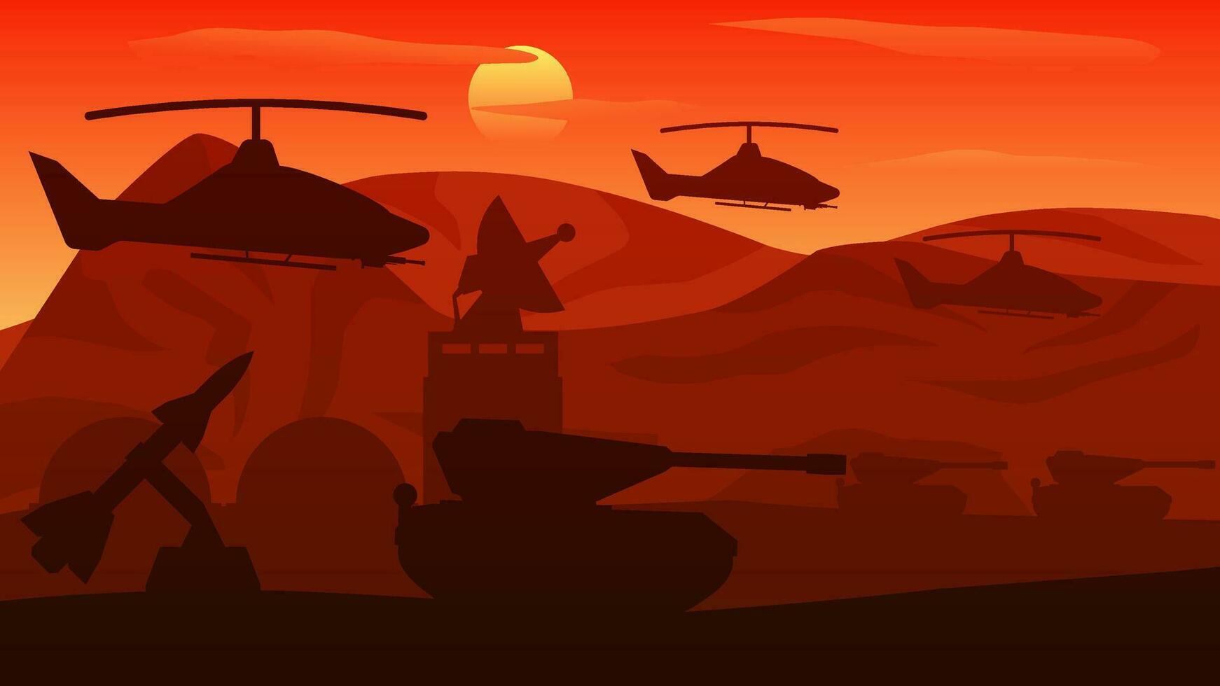 Militär- Base Landschaft Vektor Illustration. Militär- Heer mit Panzer, Hubschrauber, Artillerie und Radar Turm. Schlachtfeld Silhouette Landschaft zum Hintergrund, Hintergrund, Anzeige oder Landung Seite