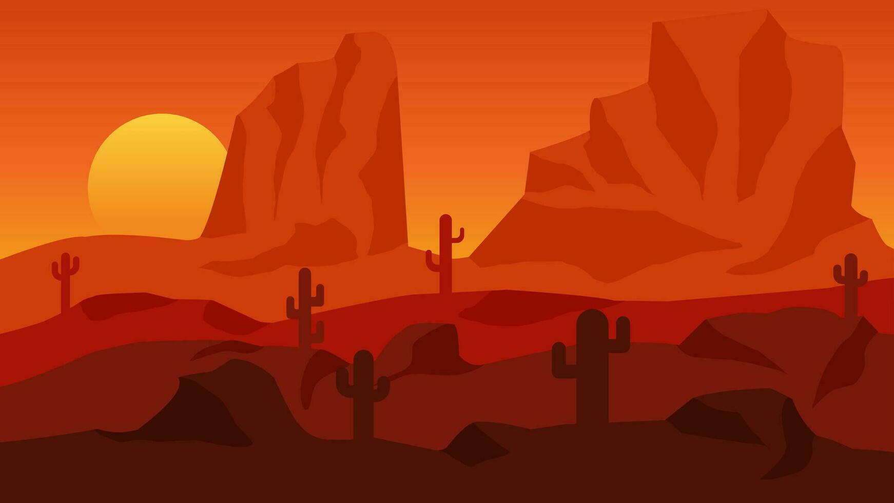 Wüste Landschaft Vektor Illustration. Schlucht Wüste Landschaft mit Kaktus, hoch Stein und Sonnenuntergang Himmel. Mexikaner Wüste Silhouette Landschaft zum Hintergrund, Hintergrund, Anzeige oder Landung Seite