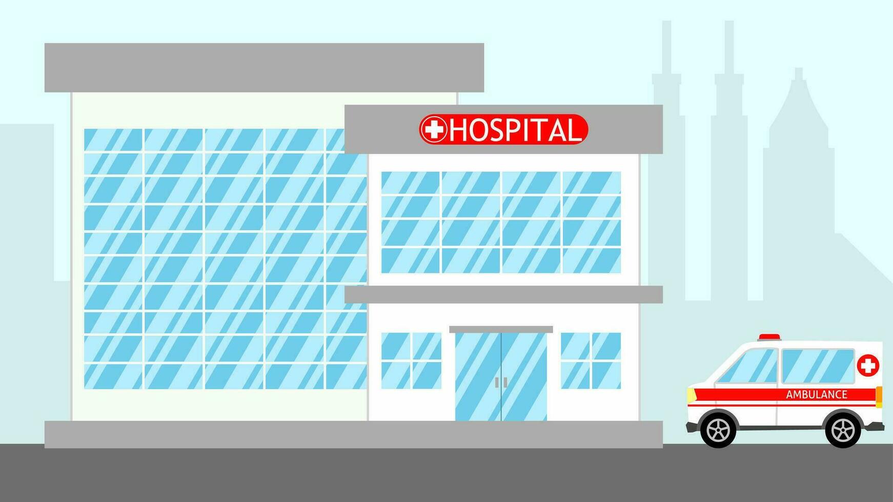 sjukhus landskap vektor illustration. medicinsk sjukhus byggnad med ambulans bil. stadsbild av klinik apotek för bakgrund, tapet, visa eller landning sida. bakgrund av sjukhus byggnad