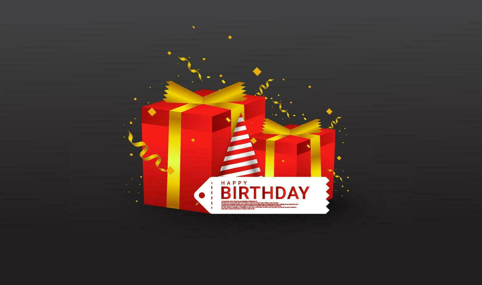 Lycklig födelsedag hälsning design, utrustad med en födelsedag hatt prydnad, en gåva låda, lämplig för inbjudan kort, bakgrunder, affischer, social media inlägg, webb, fester, etc. vektor