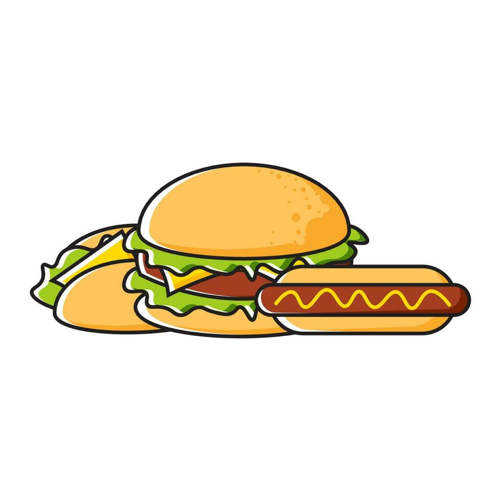 illustration av snabb mat hamburgare, tacos, varmkorv vektor