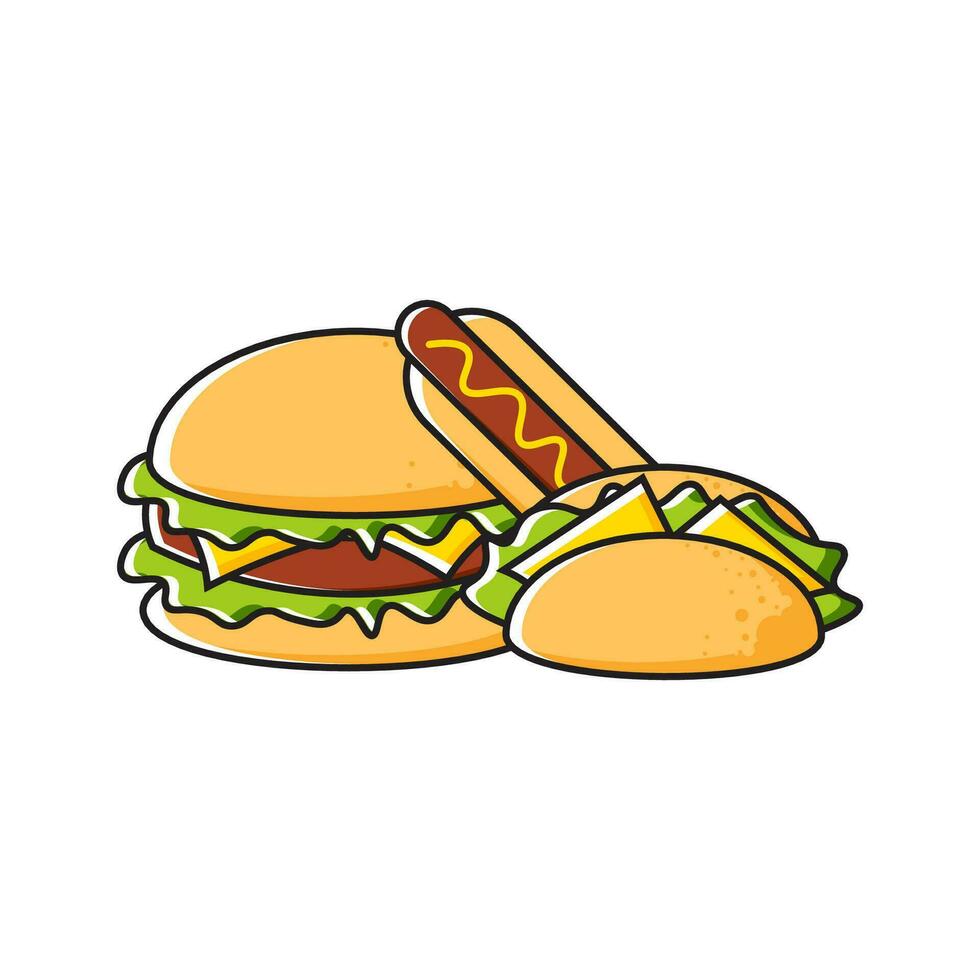 illustration av snabb mat hamburgare, tacos, varmkorv vektor