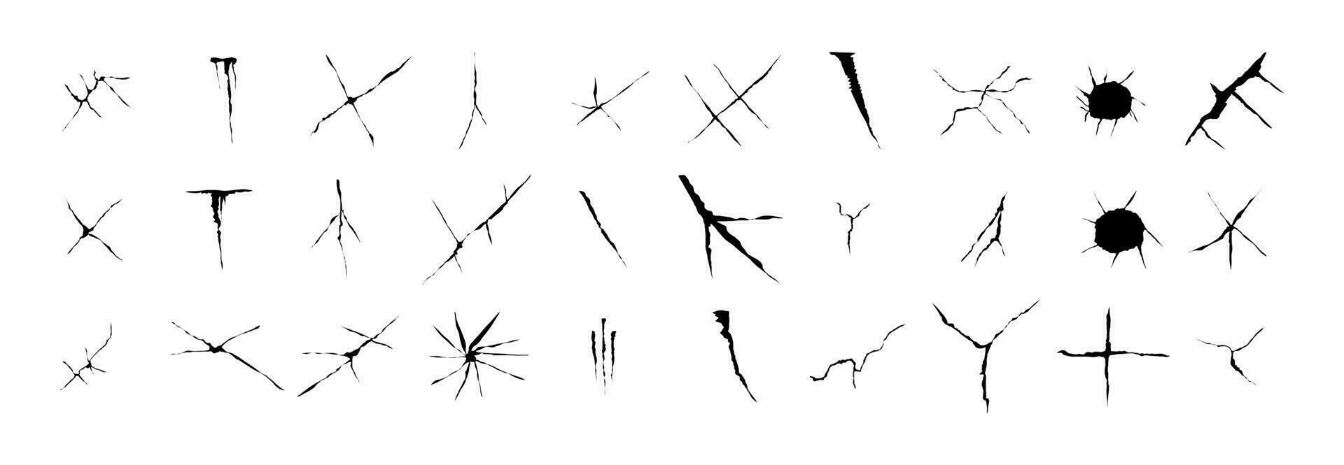 uppsättning av glas sprickor. hand dragen knäckt glas vägg vektor illustration