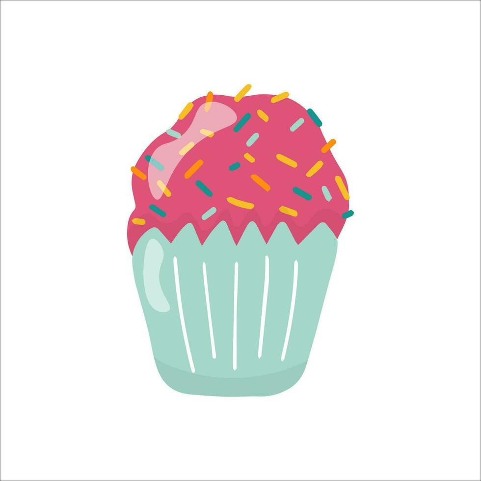 Vektor Single Clip Art Muffin. im Blau wickeln. im Rose Glasur, mit farbig bestreuen. im ein handgemalt Stil, auf ein Weiß Hintergrund.