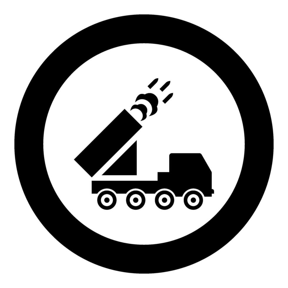 flera olika lansera volley reaktiv raket systemet brand skjuter missiler ikon i cirkel runda svart Färg vektor illustration bild fast översikt stil