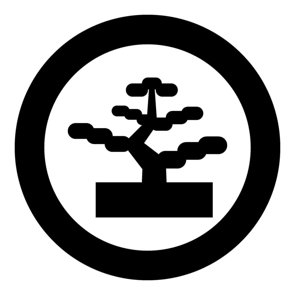 Bonsai Kiefer Baum Garten Konzept Pflanze japanisch Symbol im Kreis runden schwarz Farbe Vektor Illustration Bild solide Gliederung Stil