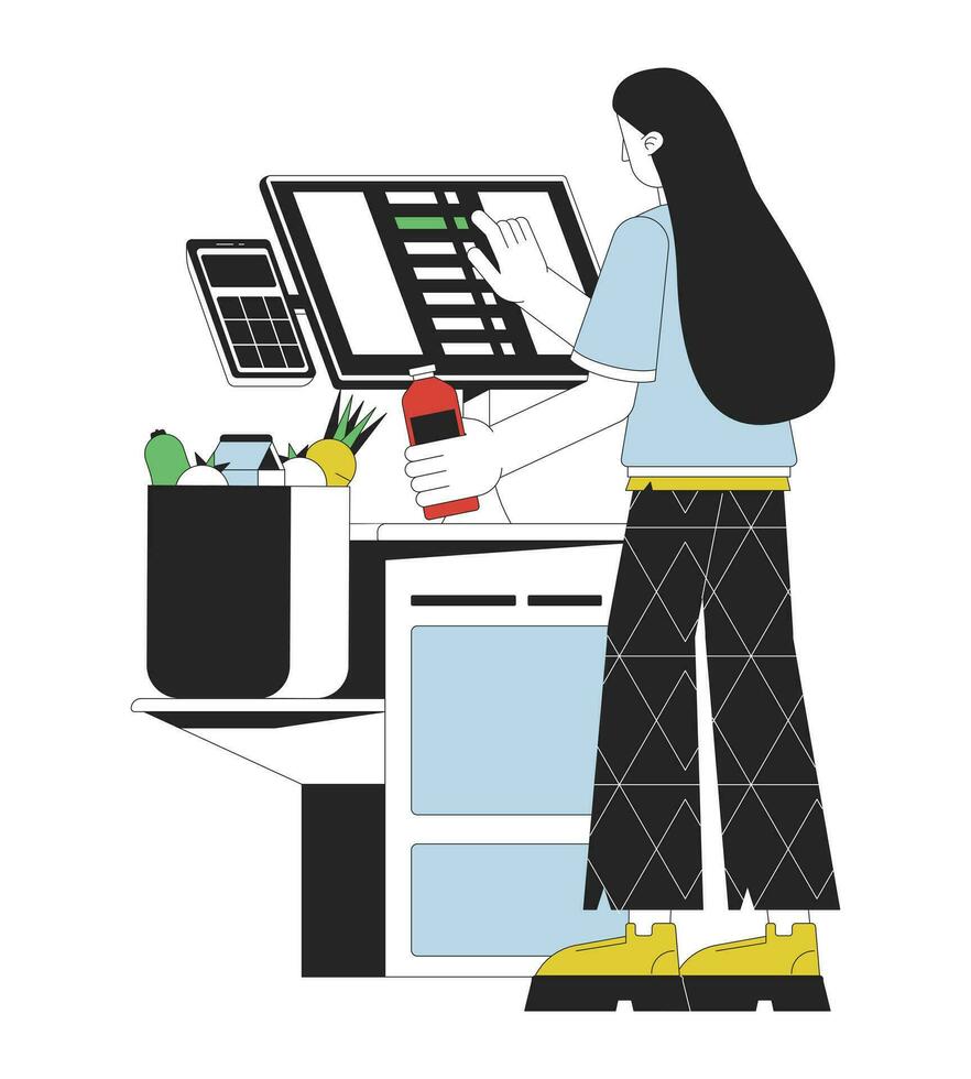 kvinna på själv service terminal platt linje begrepp vektor fläck illustration. betalning för inköp 2d tecknad serie översikt karaktär på vit för webb ui design. handla redigerbar isolerat färgrik hjälte bild