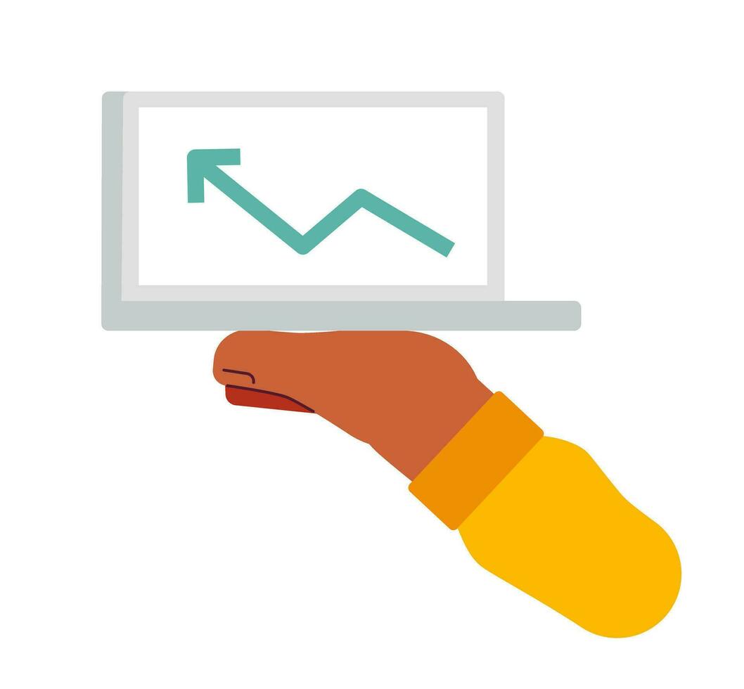 hand visa bärbar dator semi platt Färg vektor objekt. finansiell Diagram med pil på skärm. redigerbar tecknad serie klämma konst ikon på vit bakgrund. enkel fläck illustration för webb grafisk design