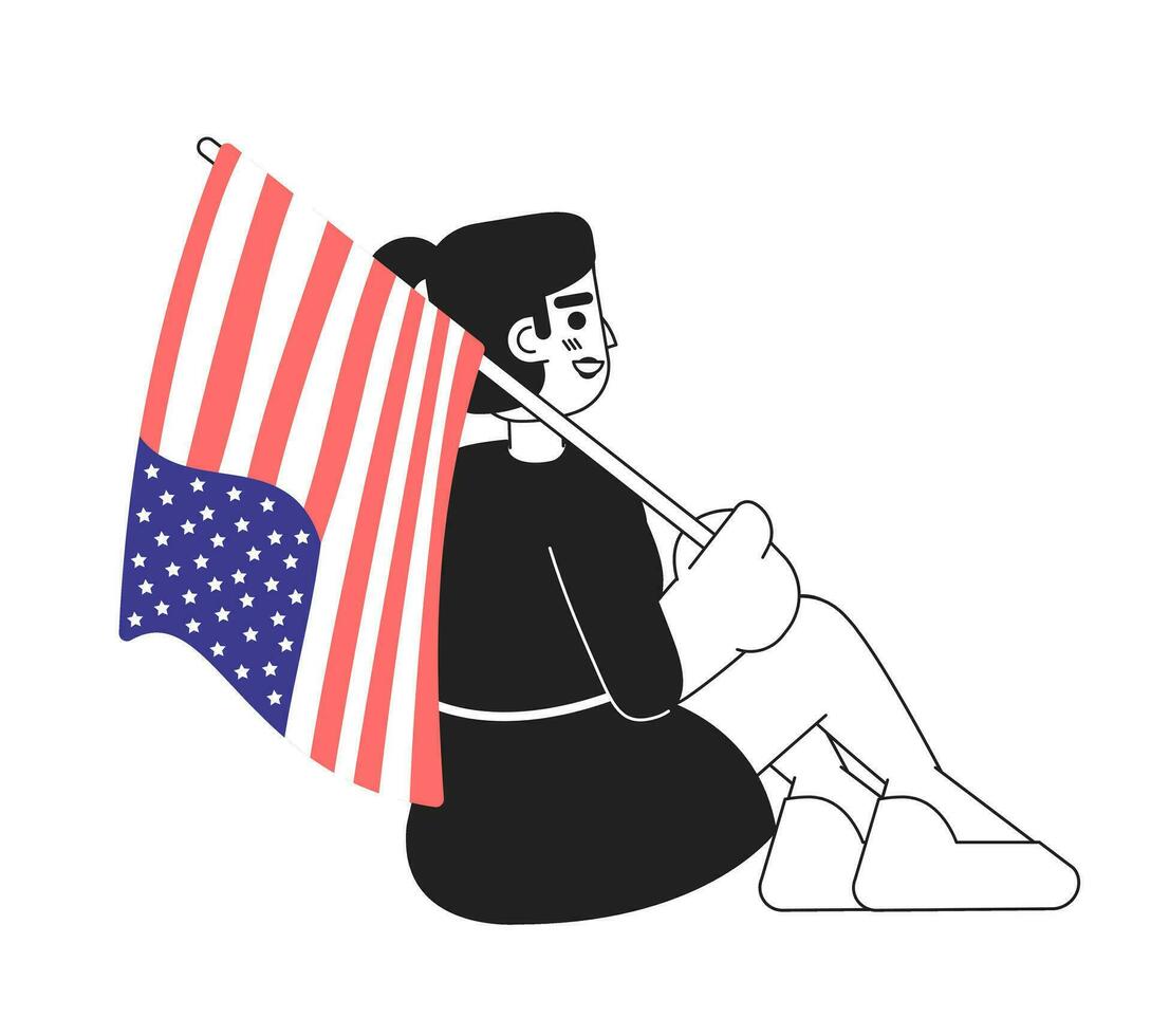 blandad lopp flicka med amerikan flagga Sammanträde enfärgad platt vektor karaktär. patriotism nationell flagga. redigerbar linje full kropp person på vit. enkel bw tecknad serie fläck bild för webb grafisk design