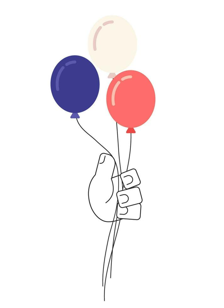 Juli 4 .. Luftballons halten monochromatisch eben Vektor Hand. Americana rot Weiß und Blau Farben. glücklich Unabhängigkeit. editierbar Linie Clip Kunst auf Weiß. einfach bw Karikatur Stelle Bild zum Netz Grafik Design