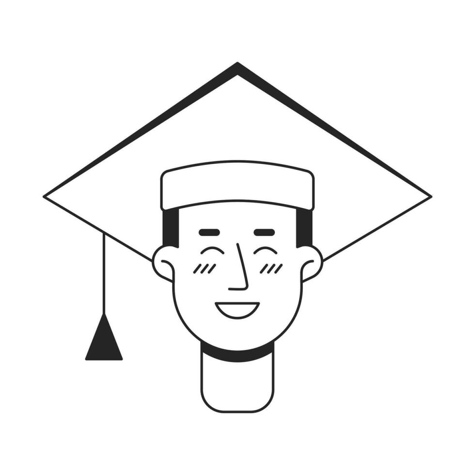 Lycklig caucasian studerande i akademisk keps svartvit platt linjär karaktär huvud. redigerbar översikt hand dragen mänsklig ansikte ikon. 2d tecknad serie fläck vektor avatar illustration för animering