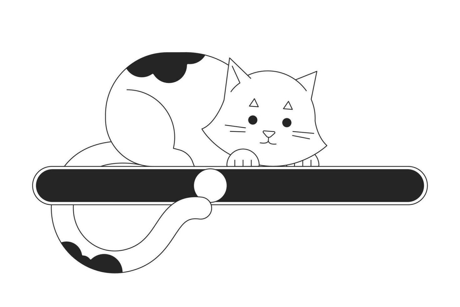 söt lekfull katt på svart vit läser in bar platt design. små pott ser på framsteg status. webb lastare ui ux. grafiska användare gränssnitt. översikt tecknad serie vektor illustration på vit bakgrund
