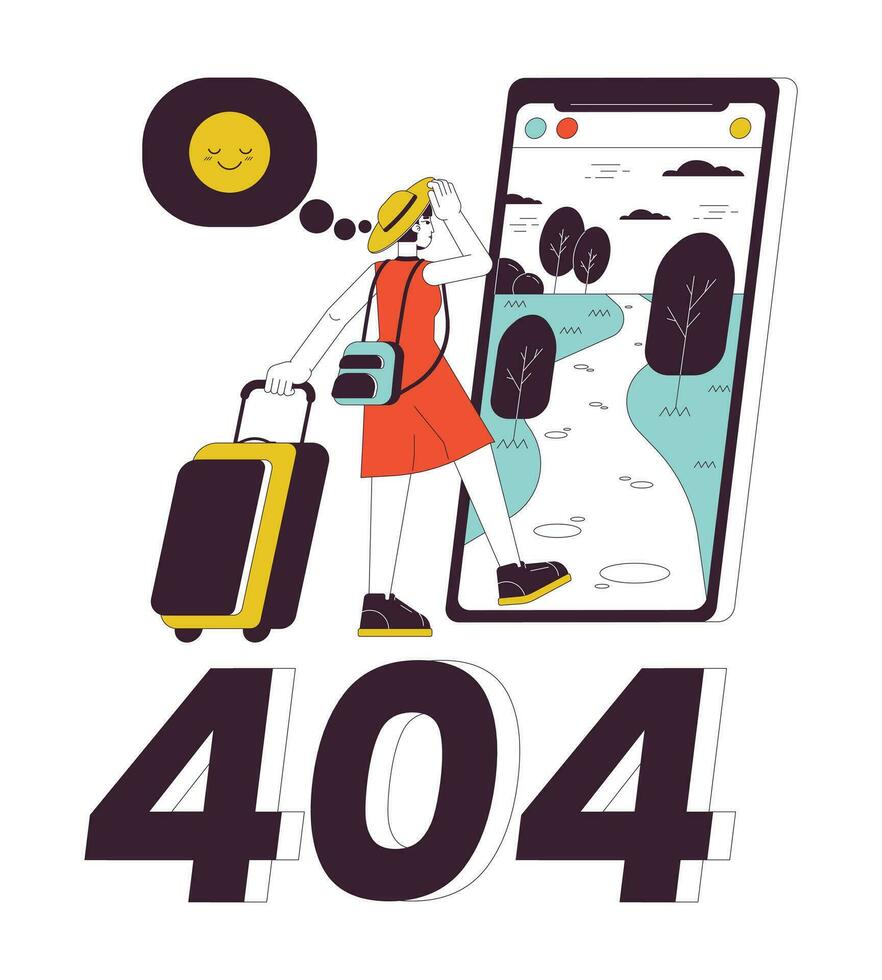 Reise Influencer gehen auf Ferien Error 404 Blitz Botschaft. Reise Blogger Frau. leeren Zustand ui Design. Seite nicht gefunden aufpoppen Karikatur Bild. Vektor eben Illustration Konzept auf Weiß Hintergrund