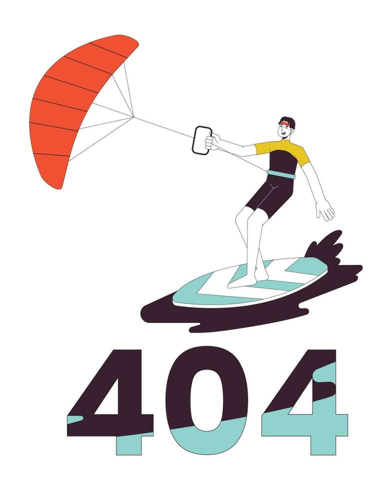 Kitesurfen Error 404 Blitz Botschaft. Surfer mit Drachen Stehen auf Tafel. leeren Zustand ui Design. Seite nicht gefunden aufpoppen Karikatur Bild. Wasser Sport. Vektor eben Illustration Konzept auf Weiß Hintergrund