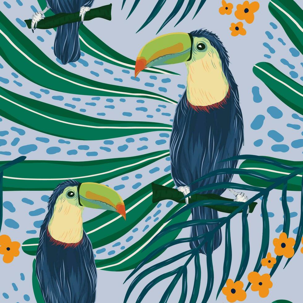 Hand gezeichnet Tukan Vogel und tropisch Blätter Muster vektor