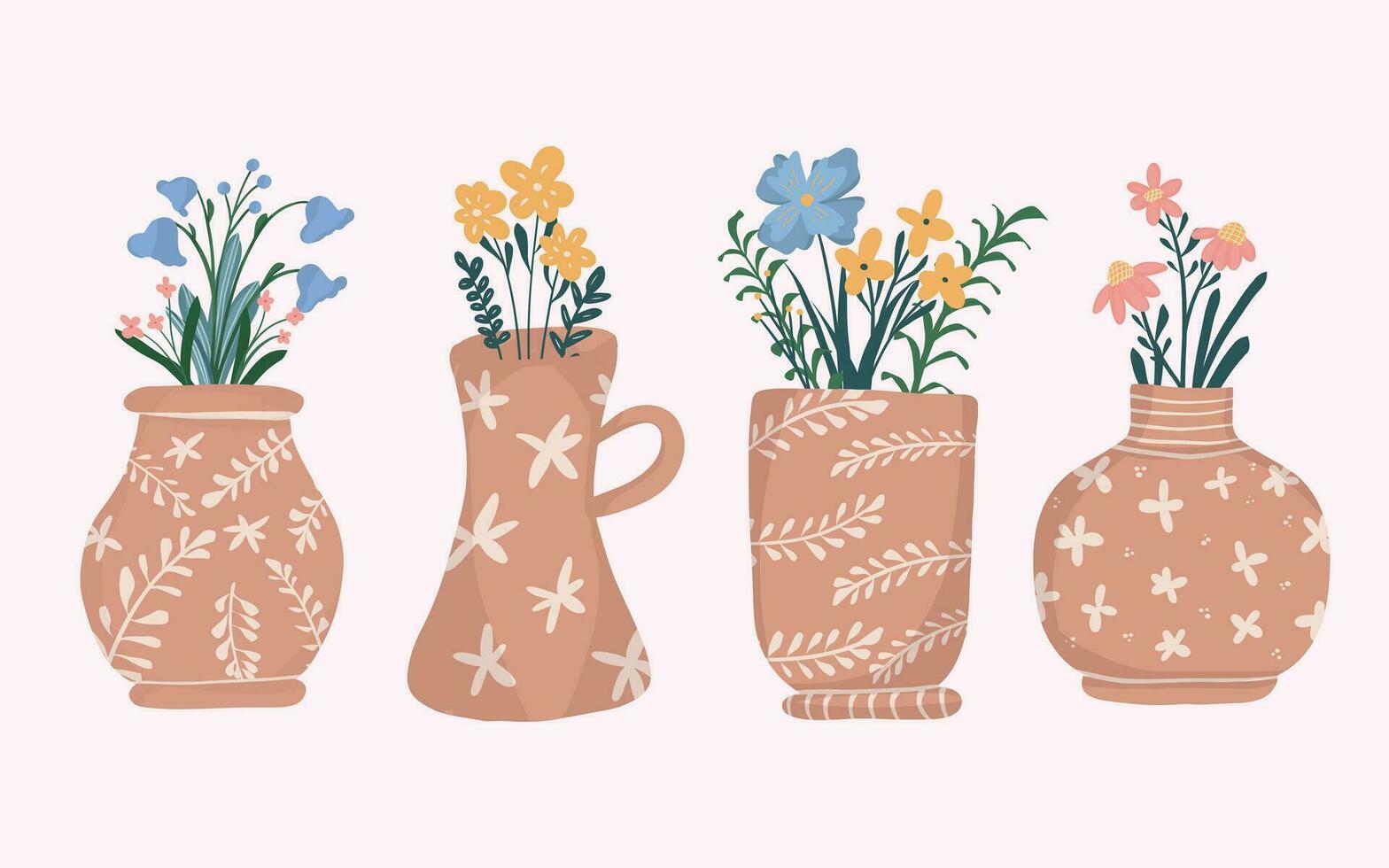 färgrik blommor i vaser platt design illustration uppsättning vektor