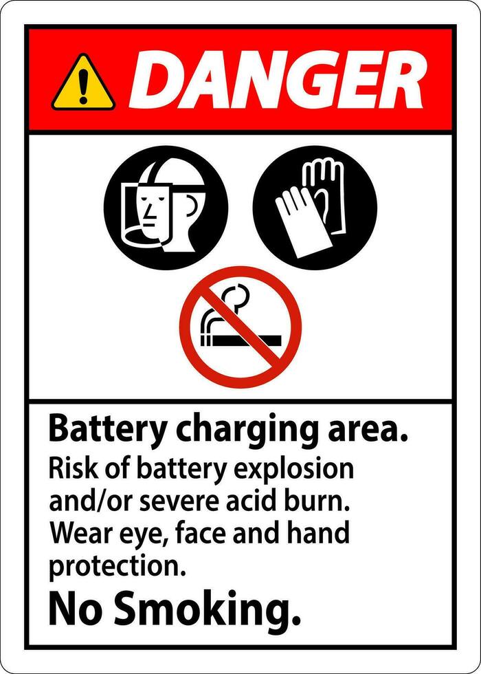 Achtung Zeichen Batterie Laden Bereich, Risiko von Batterie Explosion oder stark Acid brennen, Nein Rauchen vektor