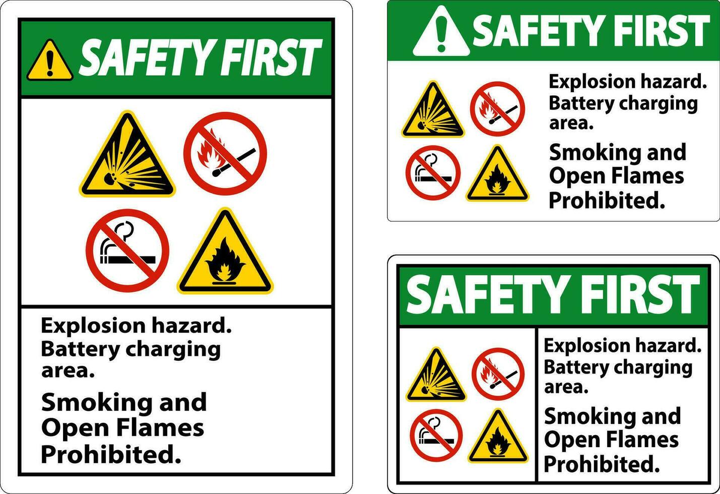 Sicherheit zuerst Zeichen Explosion Gefahr, Batterie Laden Bereich, Rauchen und öffnen Flammen verboten vektor