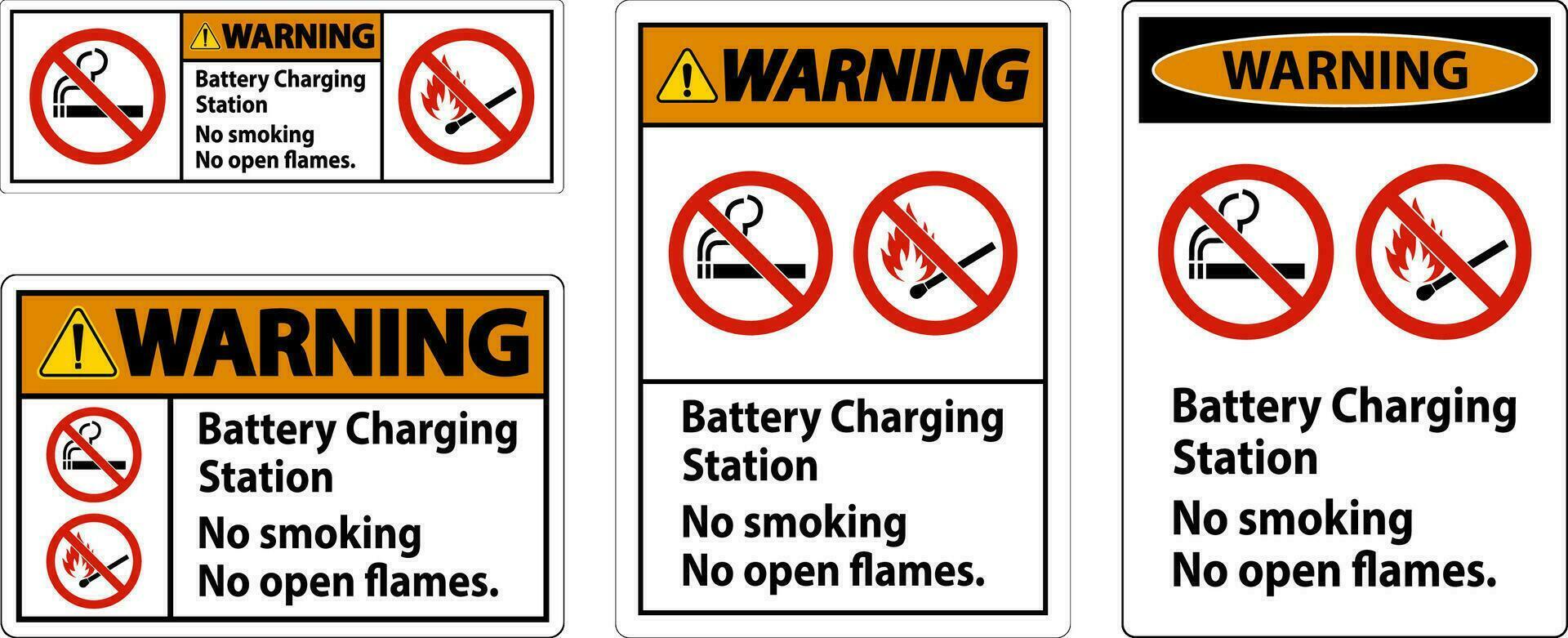 varning tecken batteri laddning station, Nej rökning, Nej öppen lågor vektor