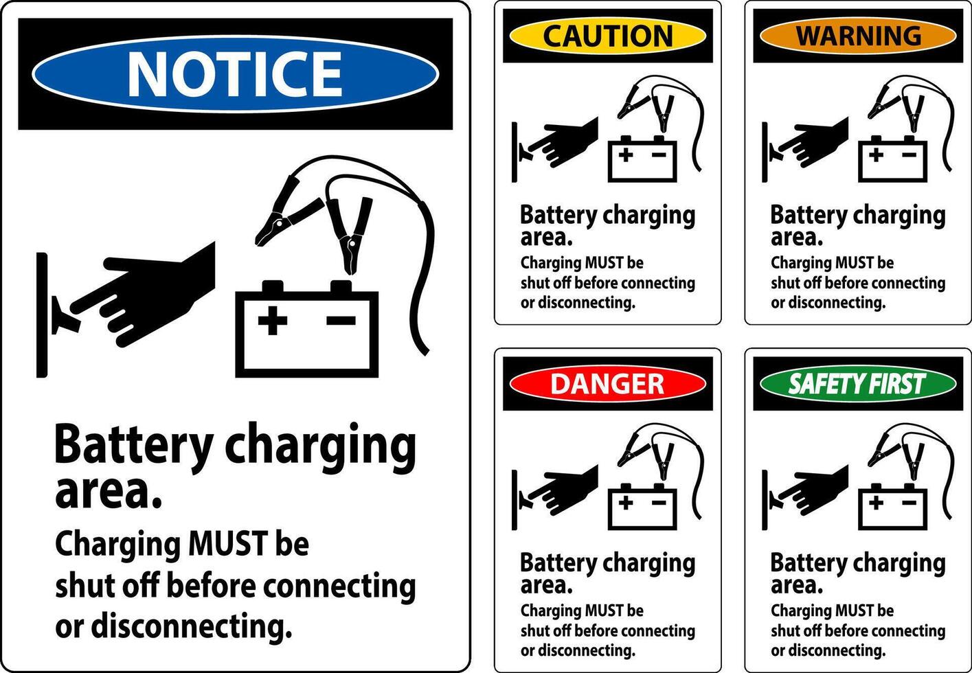 Achtung Zeichen Batterie Laden Bereich, Laden Muss Sein geschlossen aus Vor verbinden oder trennen. vektor