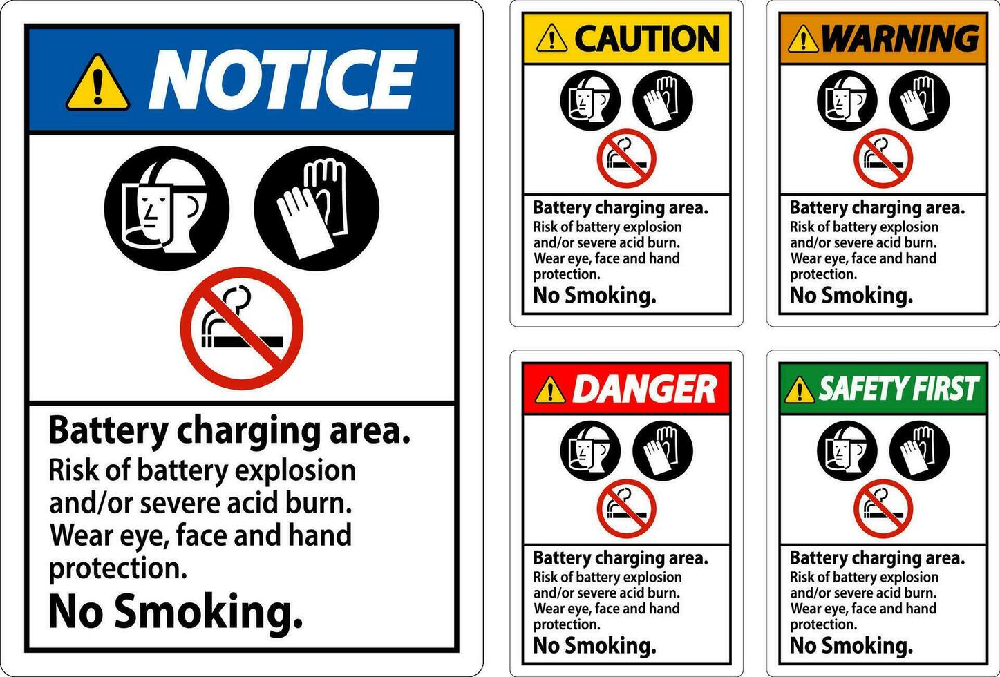 Achtung Zeichen Batterie Laden Bereich, Risiko von Batterie Explosion oder stark Acid brennen, Nein Rauchen vektor