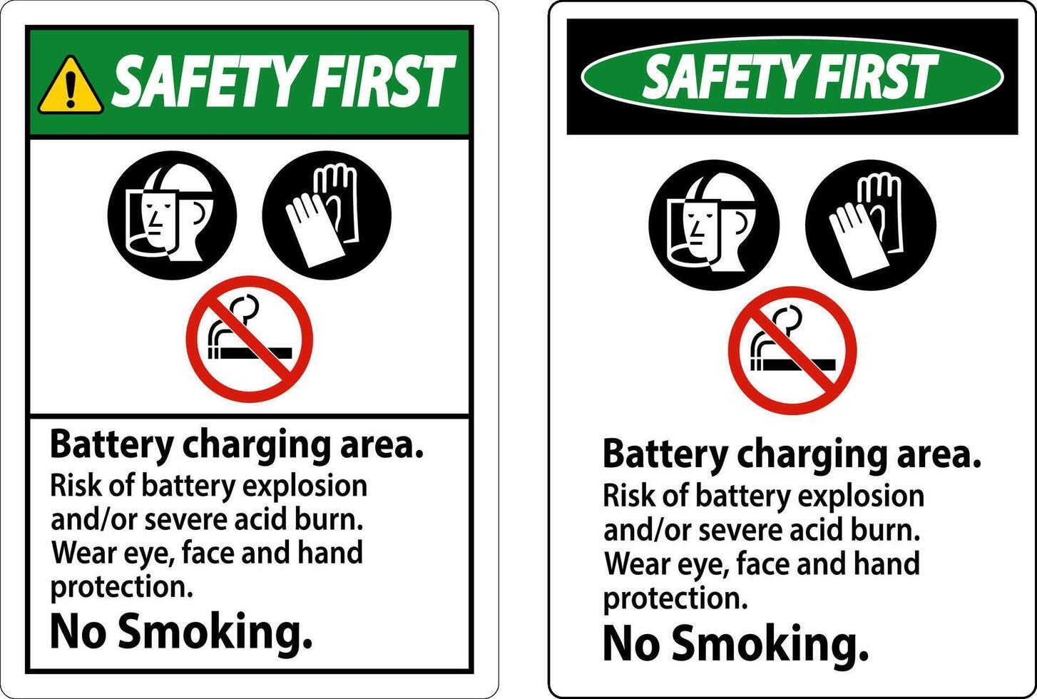 säkerhet först tecken batteri laddning område, risk av batteri explosion eller svår syra bränna, Nej rökning vektor