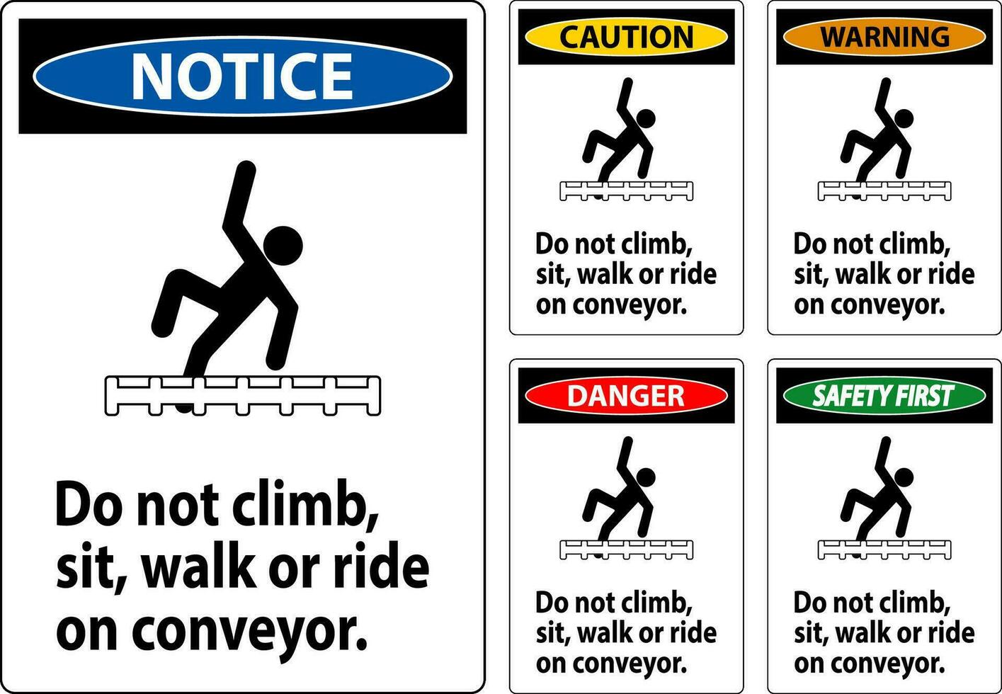 fara märka do inte klättra, sitta, promenad eller rida på transportband vektor