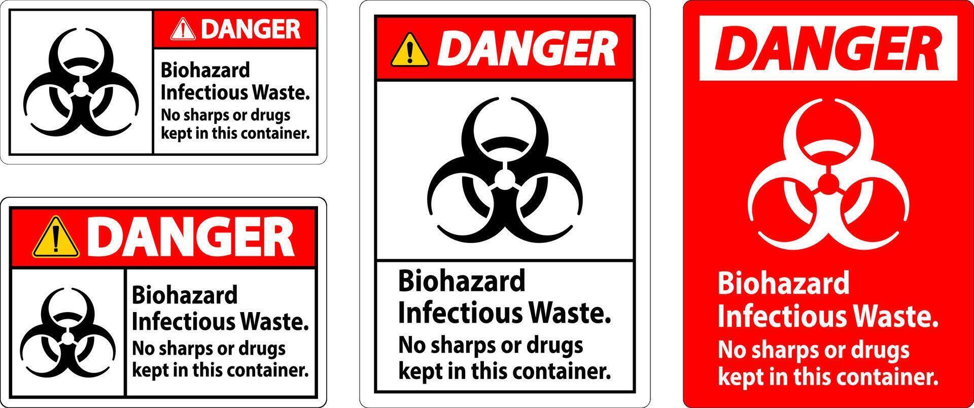 Achtung Etikette Biogefährdung ansteckend Abfall, Nein scharfes S oder Drogen gehalten im diese Container vektor