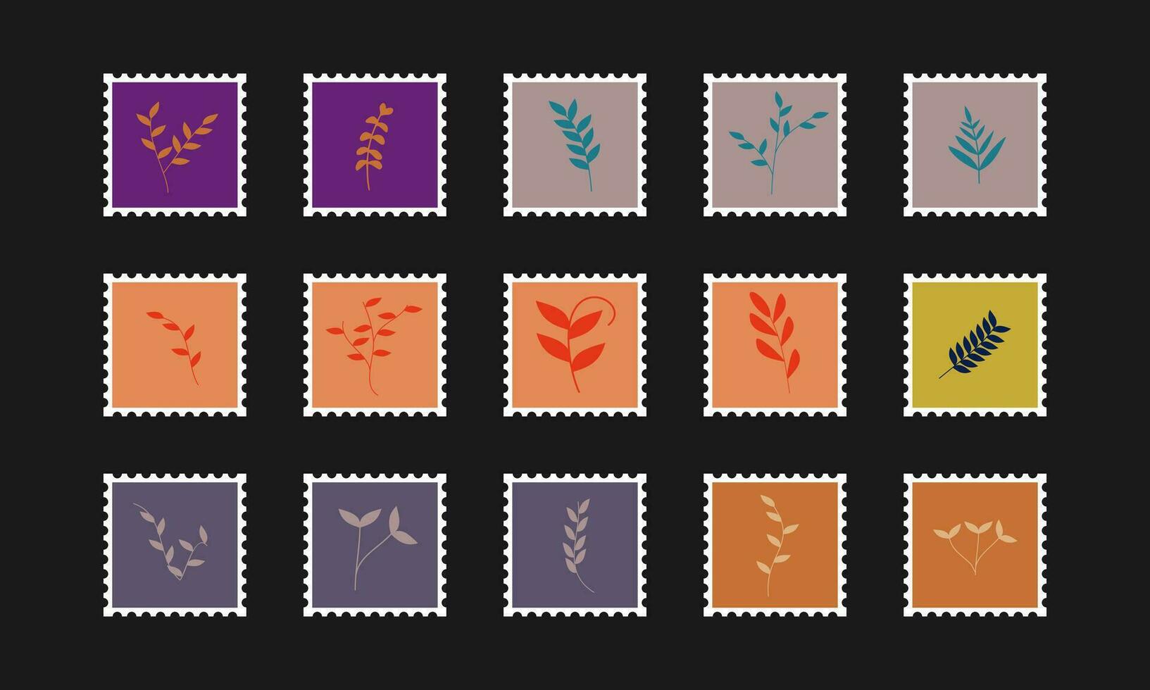 einstellen von Post- Briefmarken und Poststempel, schwarz isoliert auf schwarz Hintergrund, Vektor Illustration.