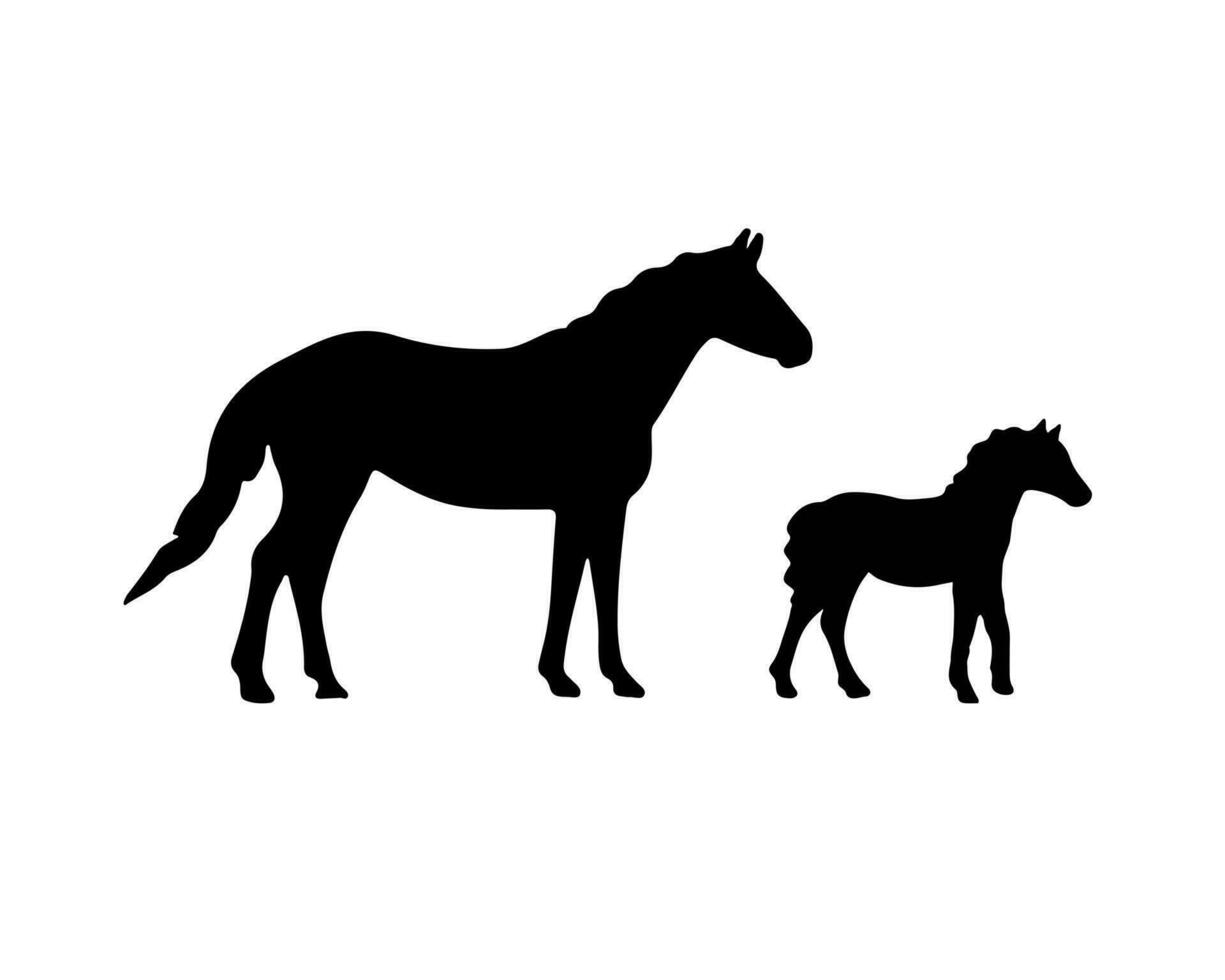 Pferd und jung Fohlen Silhouette. Bauernhof inländisch Tier. Baby Mustang und Mutter. wild Säugetier Tier. Vektor Illustration