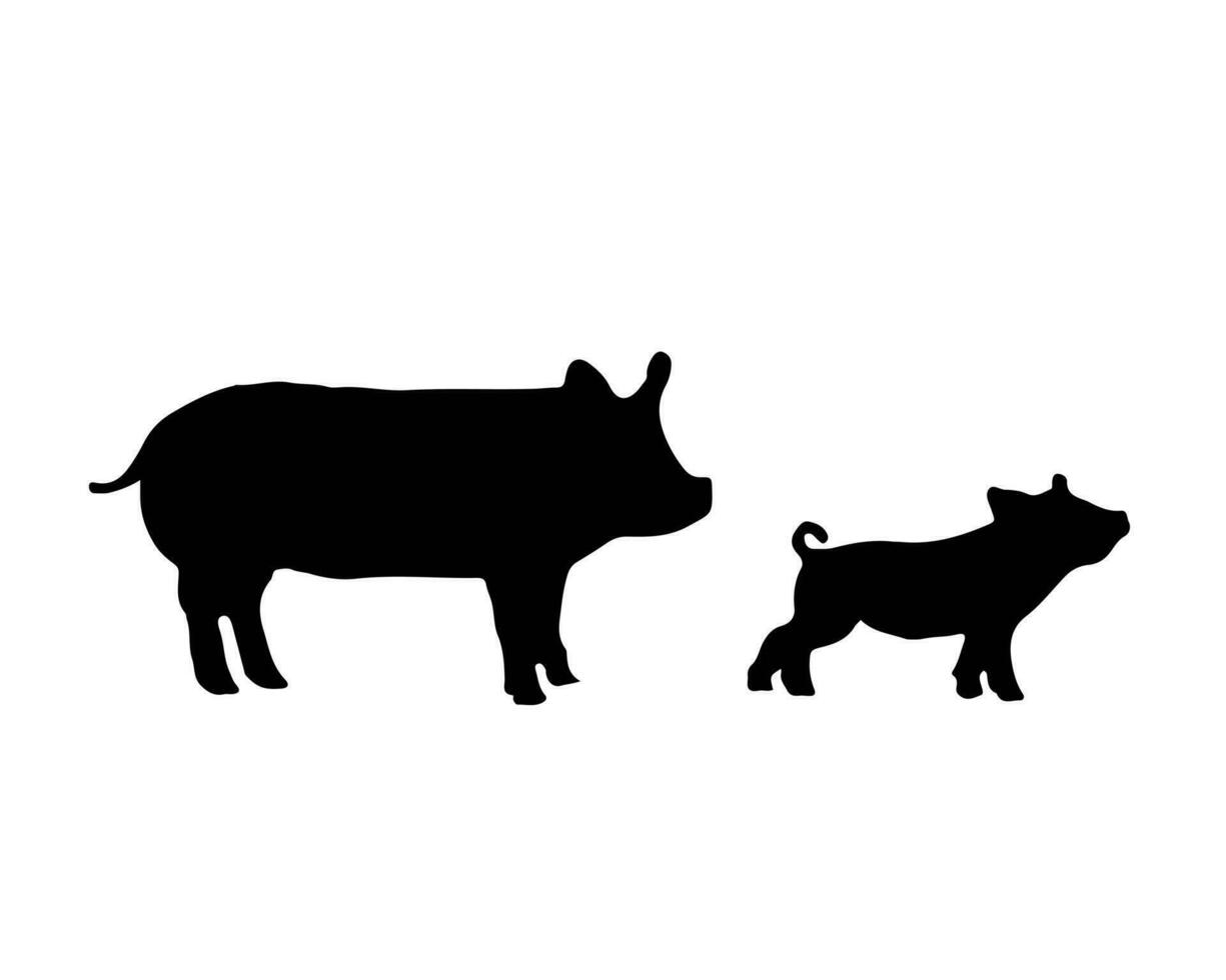 Schwein und wenig Ferkel Silhouette. inländisch Tier Familie Leben im ein Bauernhof. Säugetier Schwein. Symbol von Schweinefleisch Fleisch vektor