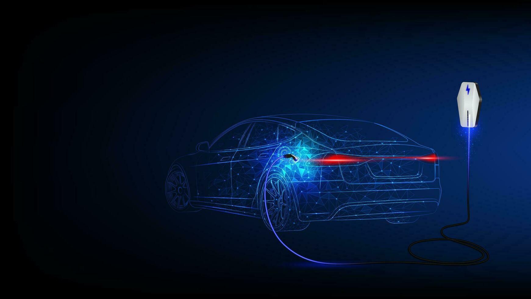 elektrisch Auto beim Laden Bahnhof. abstrakt elektrisch Leistung Ladegerät ev sauber Energie Alternative Energie elektrisch Ladegerät Konzept. elektronisch Fahrzeug Leistung Dock. Vektor Illustration.