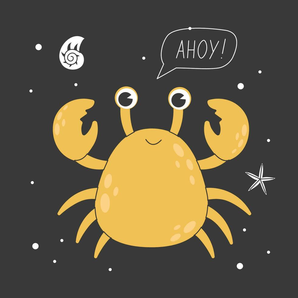 süß Krabbe Charakter mit ein kawaii Lächeln auf ein dunkel Hintergrund mit Marine Elemente und Beschriftung. kindisch farbig eben Karikatur Vektor Illustration von komisch lächelnd Gelb Hummer.
