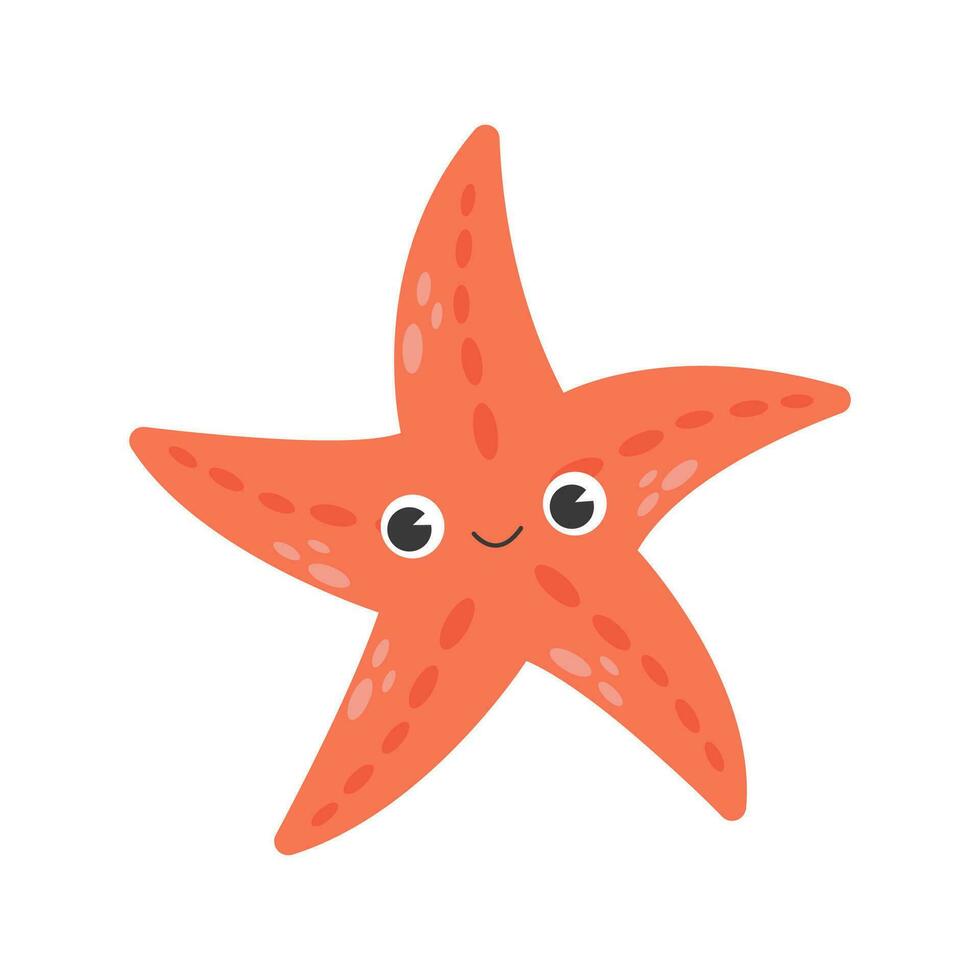 söt leende röd sjöstjärna isolerat på vit bakgrund. Lycklig under vattnet djur- med ögon och mun. barnslig karaktär. färgad platt tecknad serie vektor illustration. söt tecknad serie undervattenskablar värld.