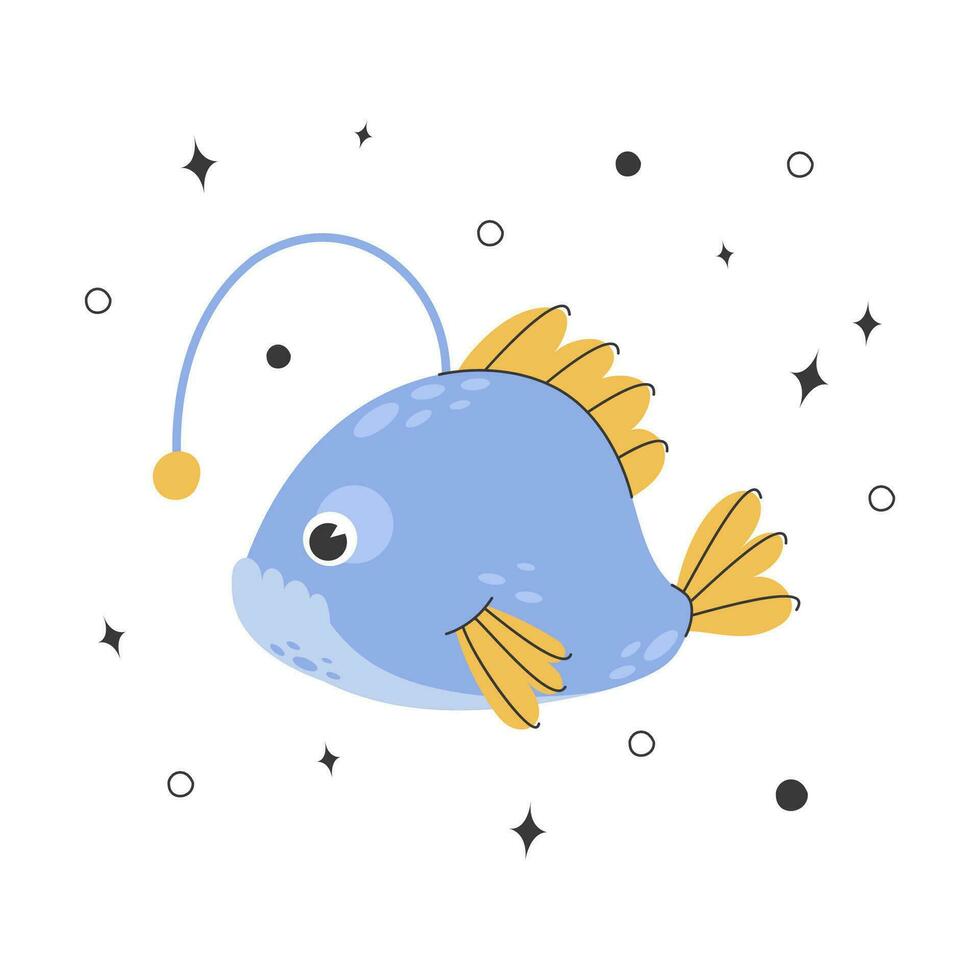 süß Angler Fisch. kindisch Illustration von Fisch mit Gekritzel Elemente. Seeteufel Leben beim das Unterseite von das Ozean. Vektor Illustration auf ein Weiß Hintergrund.