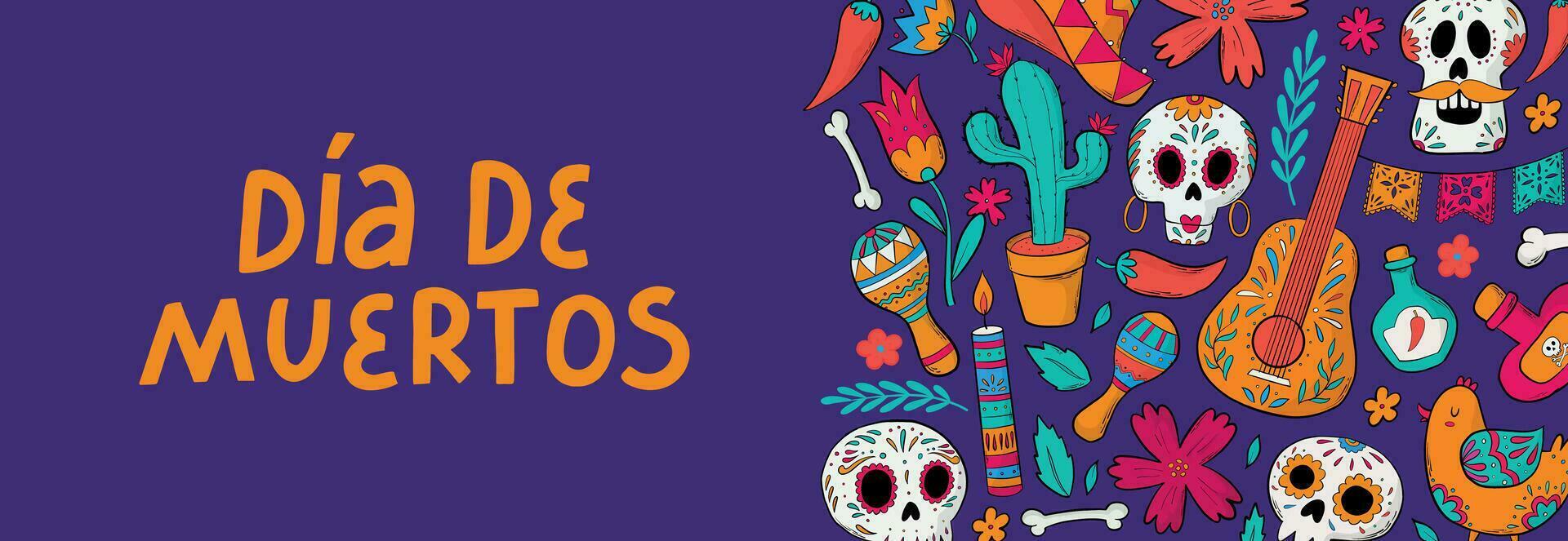 dia de Muertos Banner, Poster, drucken, Karte dekoriert mit Beschriftung Zitat und Kritzeleien auf lila Hintergrund. eps 10 vektor