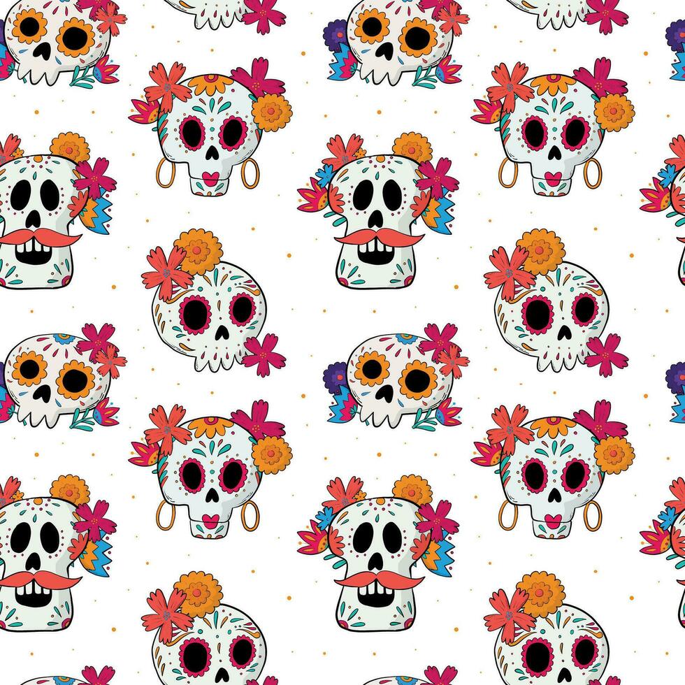 dia de los muertos sömlös mönster med tecknad serie skallar och blommor på vit bakgrund för tapet, textil- grafik, omslag papper, scrapbooking, stationär, förpackning, etc, eps 10 vektor